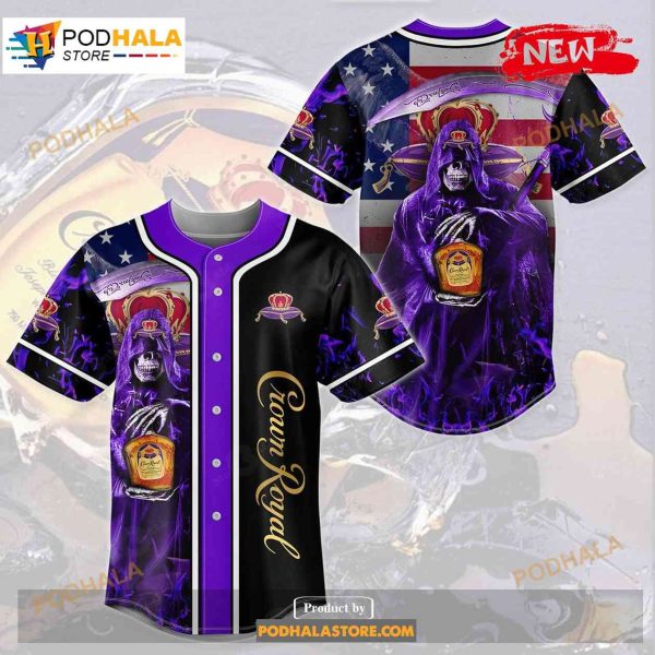 Death Hodling Crown Royal Usa Flag Flame All Over Print 3d Purple Baseball Jersey