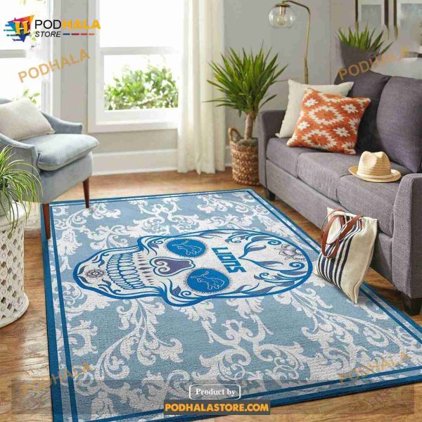 Detroit Lions NFL Team Logo Skull Flower Style Nice Gift Home Decor Rectangle Area Rug