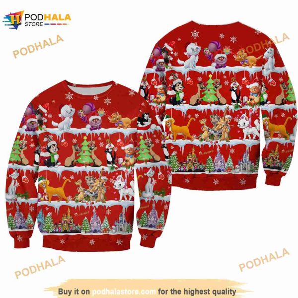 Disney Cats Pattern Xmas Red 2023 Christmas Disney 3D Sweater
