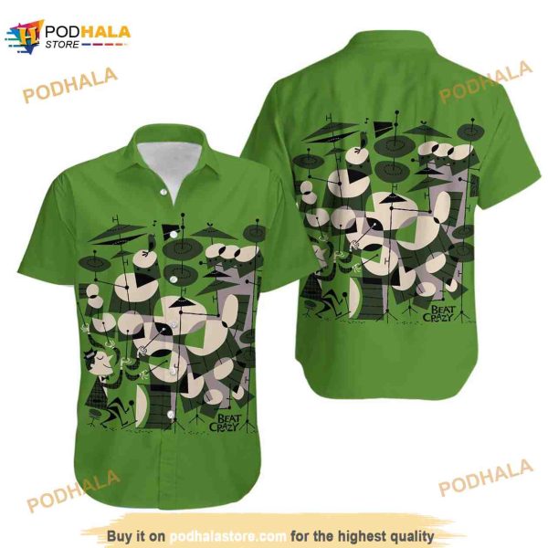 Drum Pattern On Green Hawaiian Shirt, Tropical Summer Holiday Aloha Shirt