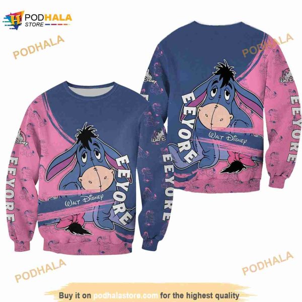 Eeyore Donkey Blue Pink Pattern Stripes Disney 3D Sweater