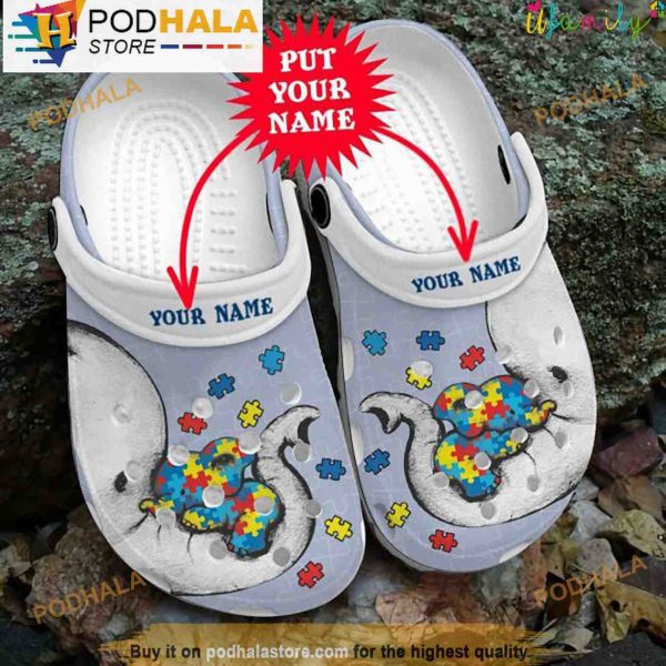 Elephant Mom And Baby Puzzle Piece Custom Name 3D Crocs, Funny Crocs
