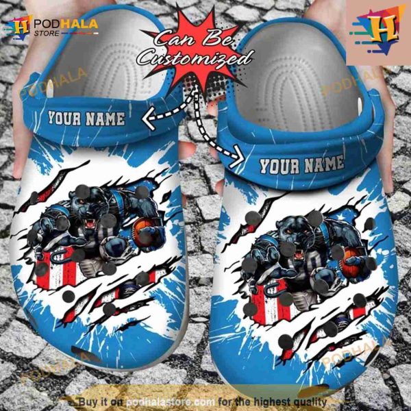 Football Crocs Personalized Carolina Panthers Mascot Ripped Flag Clog Shoes