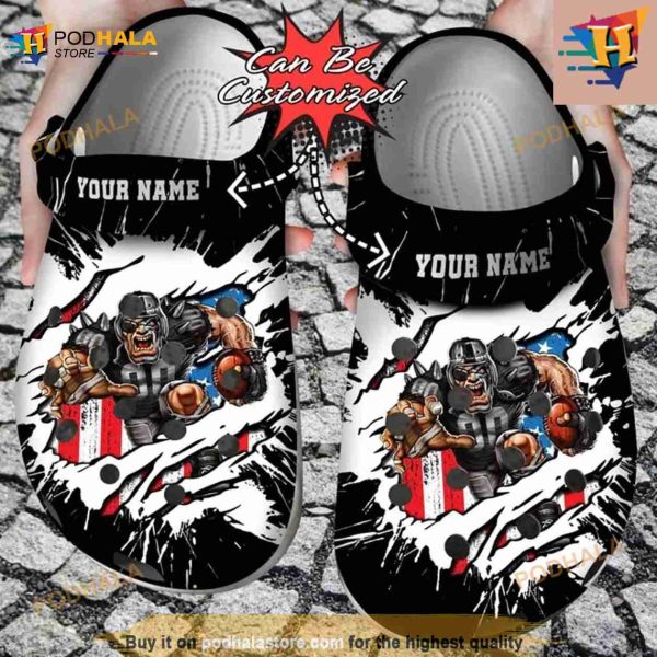 Football Crocs Personalized Las Vegas Raiders Mascot Ripped Flag Clog Shoes