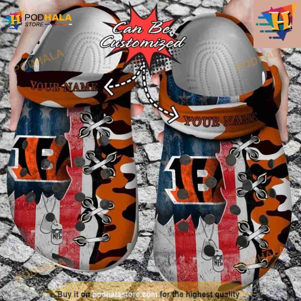 Football Crocs Personalized Us Flag Cincinnati Bengals Cross Stitch Camo Pattern Clog Shoes