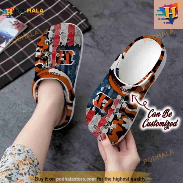 Football Crocs Personalized Us Flag Cincinnati Bengals Cross Stitch Camo Pattern Clog Shoes