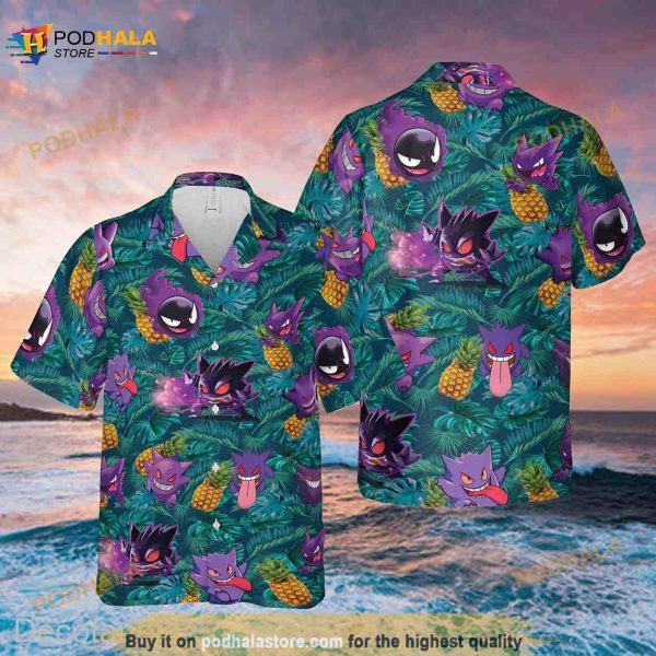 Gengar Ghost Pkm Funny Hawaiian Shirt, Button Up Shirt, Pkm Funny Hawaiian Shirt