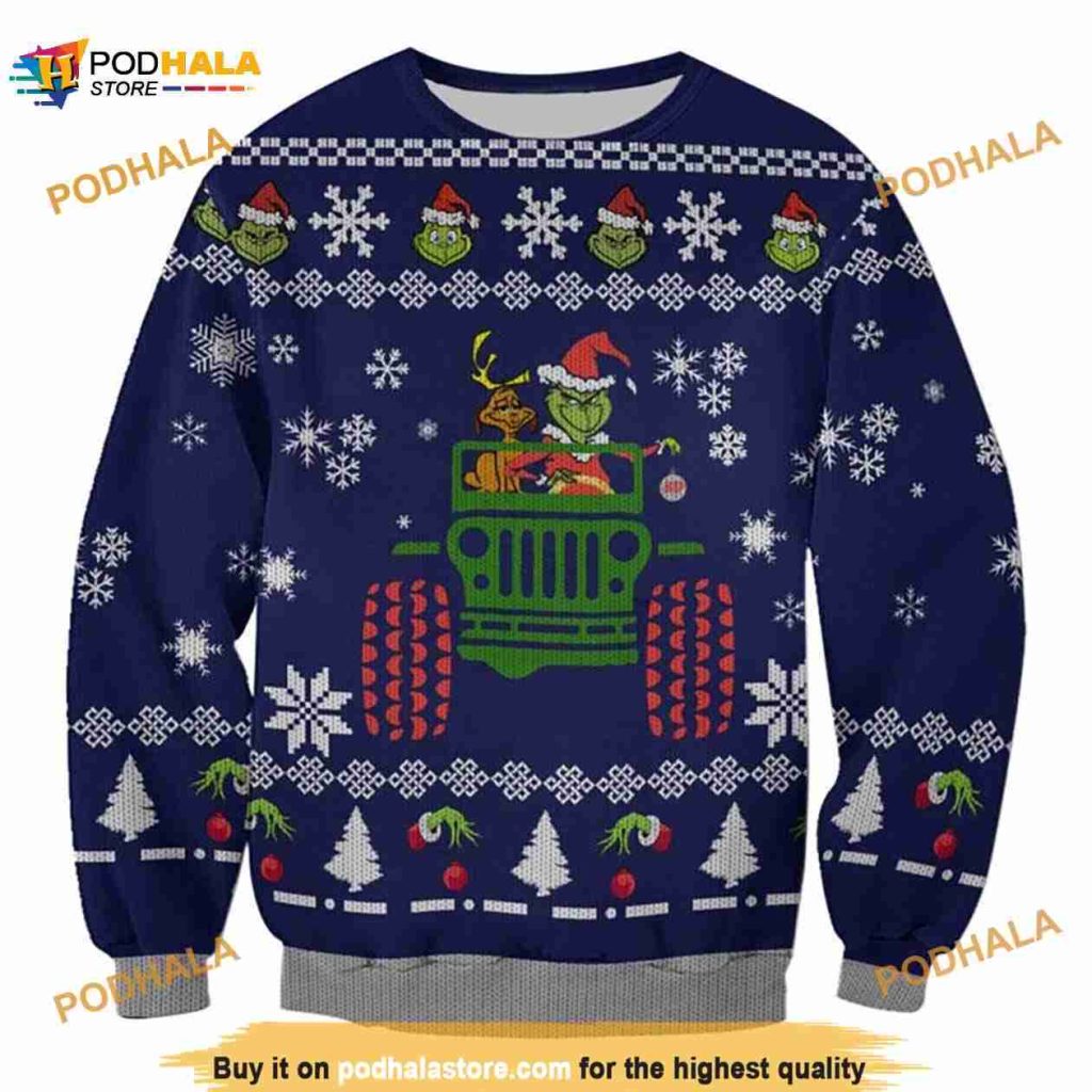 Grinch On Jeep For Christmas Ugly Sweater