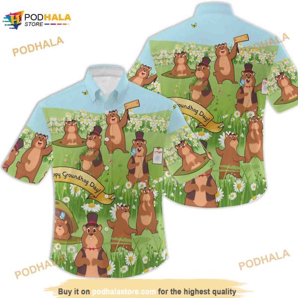 Groundhog Day Grass Flowers Funny Hawaiian Shirt, Cowboy Groundhog Shirt