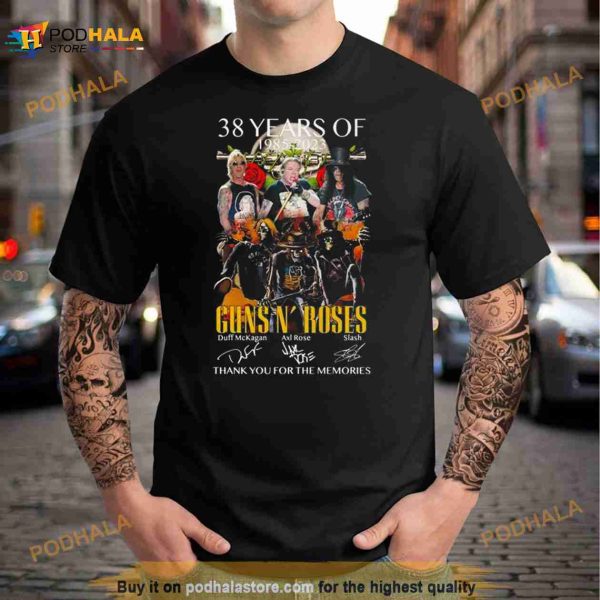 Guns N’ Roses 38 Years Of 1985 2023 Duff McKagan Axl Rose And Slash Thank You For The Memories Signatures Shirt
