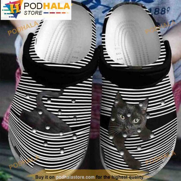 Horizontal Stripes Black Cat 3D Crocs, Funny Crocs