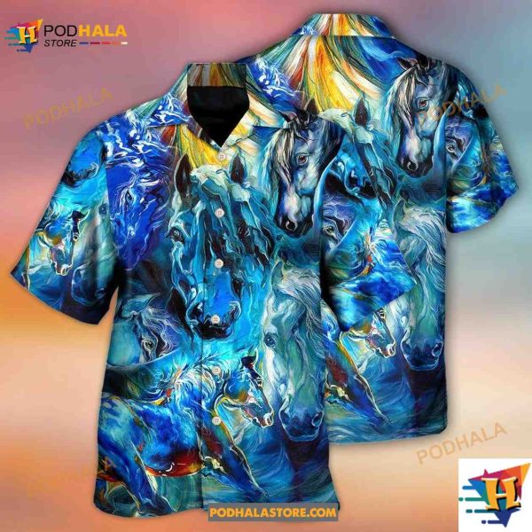 Horse Face Blue Light Cool Art Style Hawaiian Shirt, Gifts For Horse Lovers