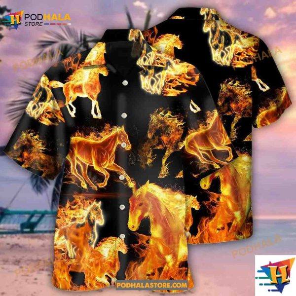 Horse Fire Forse Black Style Hawaiian Shirt, Gifts For Horse Lovers