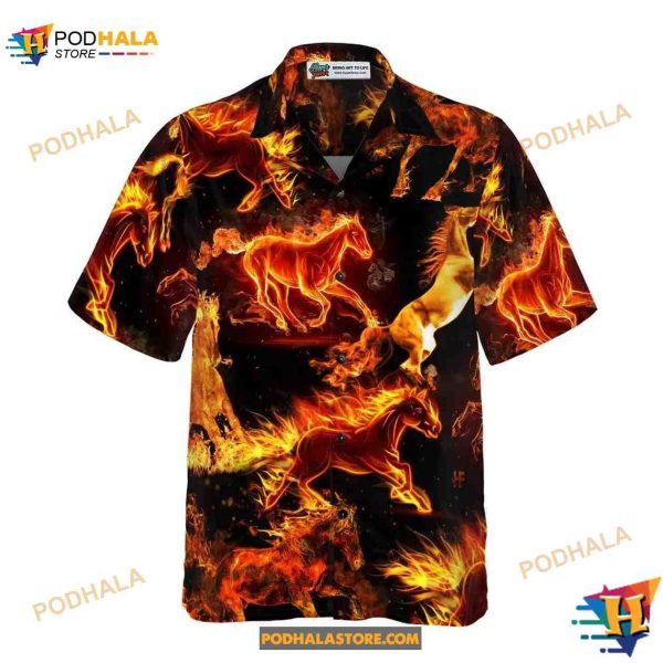 Horse Hawaiian Shirt, Flaming Horses Aloha Shirt For Men, Gift For Horse Lovers