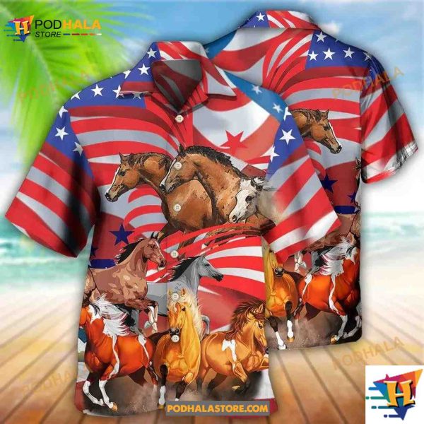 Horse Independence Day American Flag Hawaiian Shirt, Horse Lovers Gift