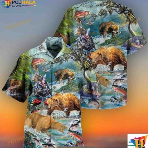 Hunting Animals Amazing Salmon Hunting With Bear Hawaiian Shirt, Gift Ideas For Bear Lovers