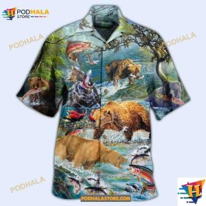 Hunting Animals Amazing Salmon Hunting With Bear Hawaiian Shirt Gift Ideas For Bear Lovers 2