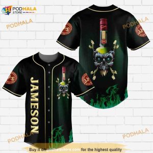Jameson Irish Whiskey Flowery Skull All Over Print Unisex 3D Baseball Jersey - Ombre Black Green