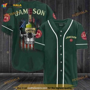 Jameson Irish Whiskey USA Flag Skull All Over Print 3D Baseball Jersey - Dark Green