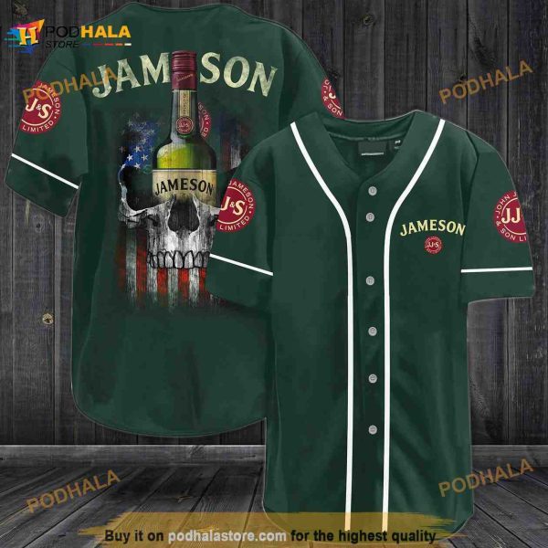 Jameson Irish Whiskey USA Flag Skull All Over Print 3D Baseball Jersey – Dark Green