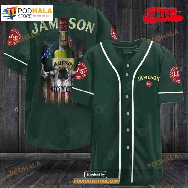 Jameson Irish Whiskey Usa Flag Skull All Over Print 3d Dark Green Baseball Jersey