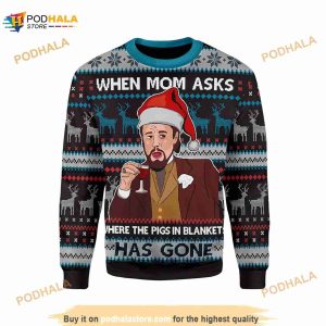 Leo Laughing Meme When Mom Ask The Pigs In Blanket Has Gone 3D Ugly Christmas Sweater