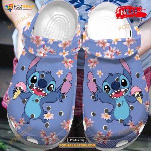 Lovely Stitch With Flower Cute Kids Purple Crocs Classic Clog Shoes