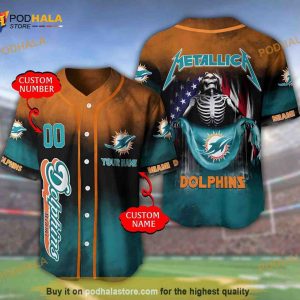 Miami Dolphins 3d Personalized Gift, Custom Name Number Metallica 3D Baseball Jersey