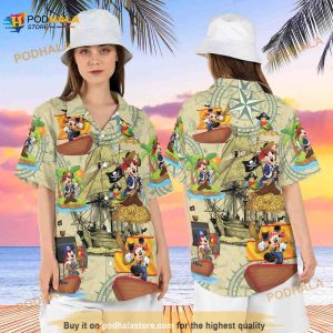 Mickey Mouse Pirate of Caribbean Hawaiian Shirt, Disneyland Mickey Treasure Map Shirt