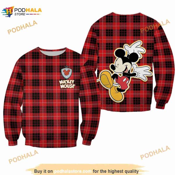 Mickey Mouse Red Black Striped Plaid Flannel Disney 3D Sweater