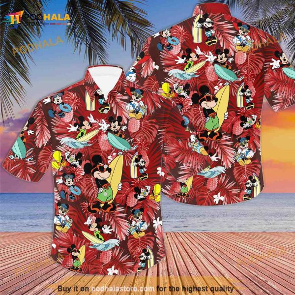 Mickey Mouse Surfing Red Patterns Summer Tropical Disney Hawaiian Shirt