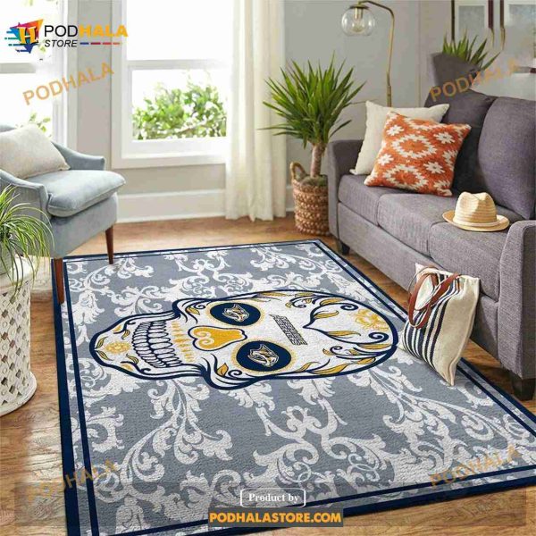 Nashville Predators Nhl Team Logo Skull Flower Gift Home Decor Rectangle Area Rug