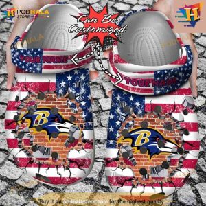 NFL Crocs Baltimore Ravens American Flag Breaking Wall Crocs Clog Shoes