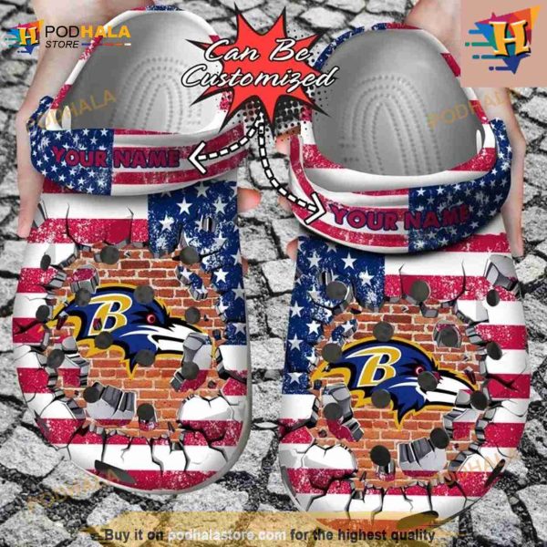 NFL Crocs Baltimore Ravens American Flag Breaking Wall Crocs Clog Shoes