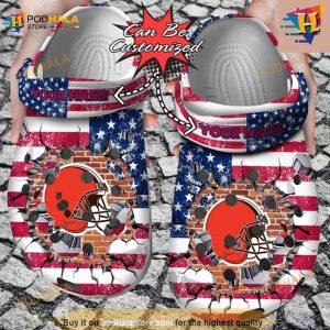 NFL Crocs Cleveland Browns American Flag Breaking Wall Crocs Clog Shoes