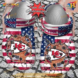 NFL Crocs Kansas City Chiefs American Flag Breaking Wall Crocs Clog Shoes