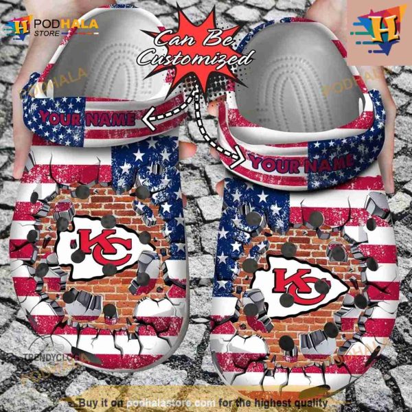 NFL Crocs Kansas City Chiefs American Flag Breaking Wall Crocs Clog Shoes