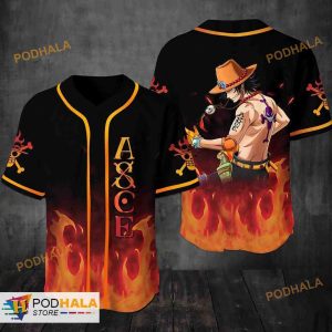 One Piece Ace Fire Art 3D Baseball Jersey Shirt