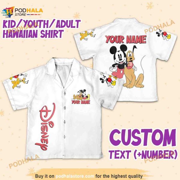 Personalize Name Disney Mikey Pluto White, Mikey Pluto Hawaiian Shirt