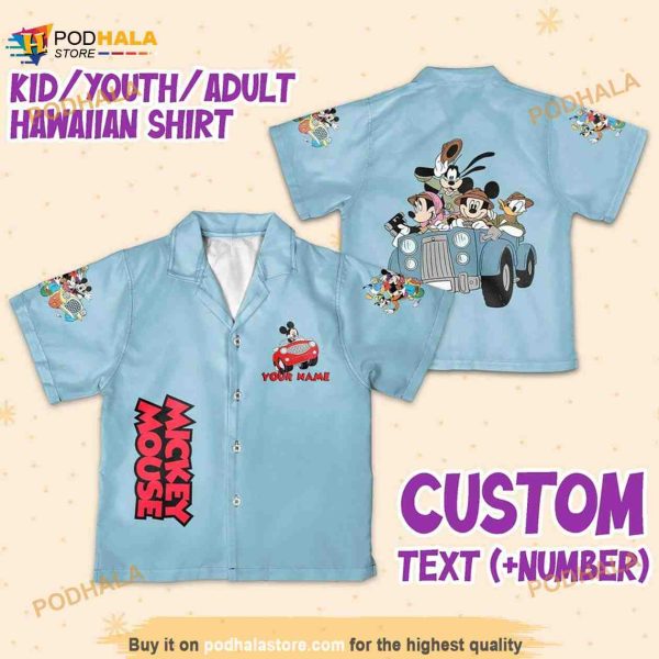 Personalize Name Vintage Disney Mickey Mouse And Friend In Car , Button Up