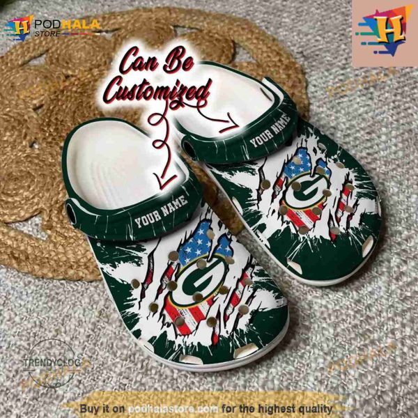 Personalized Green Bay Packers Football Ripped American Flag Crocs Clog Shoes