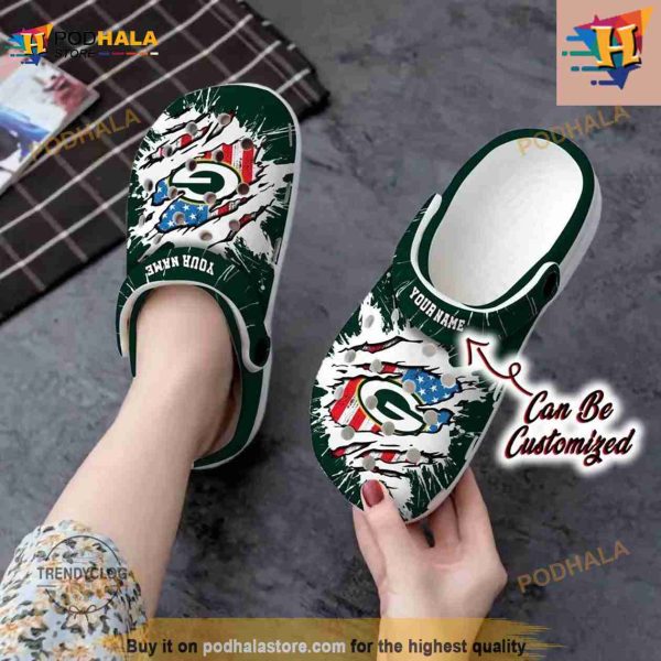 Personalized Green Bay Packers Football Ripped American Flag Crocs Clog Shoes