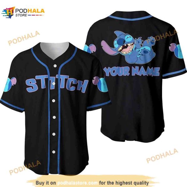 Personalized Happy Stitch Disney All Over Print 3D Baseball Jersey Black