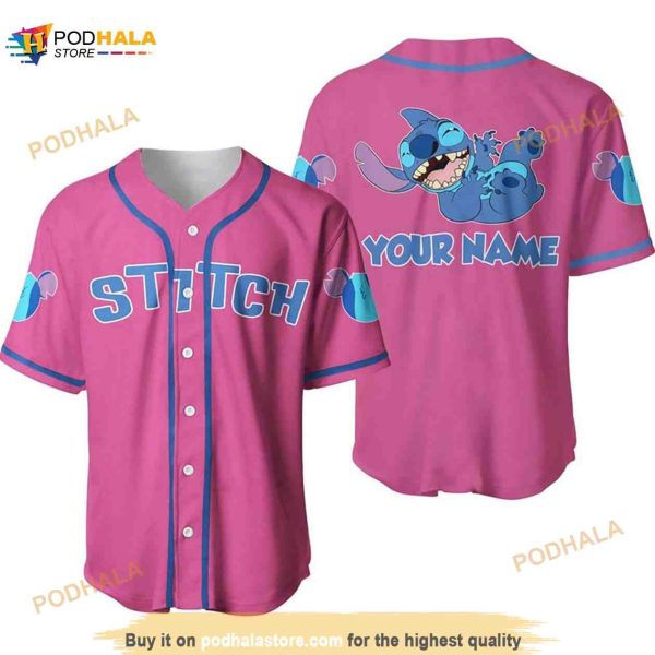 Personalized Happy Stitch Disney All Over Print 3D Baseball Jersey – Pink