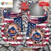 Personalized Name Baseball Crocs Ny Mets American Flag Breaking Wall Clog Shoes
