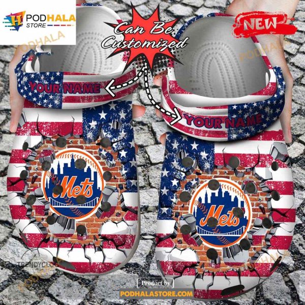 Personalized Name Baseball Crocs Ny Mets American Flag Breaking Wall Clog Shoes