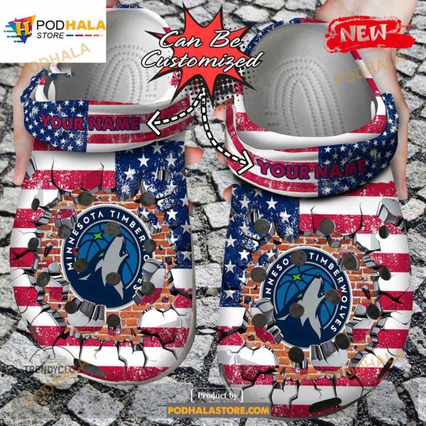 Personalized Name Basketball Crocs Mtimberwolves American Flag Breaking Wall Clog Shoes