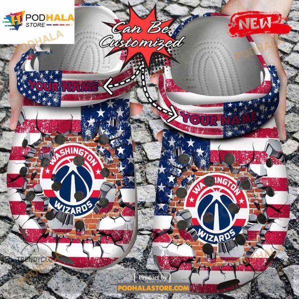 Personalized Name Basketball Crocs Wwizards American Flag Breaking Wall Clog Shoes