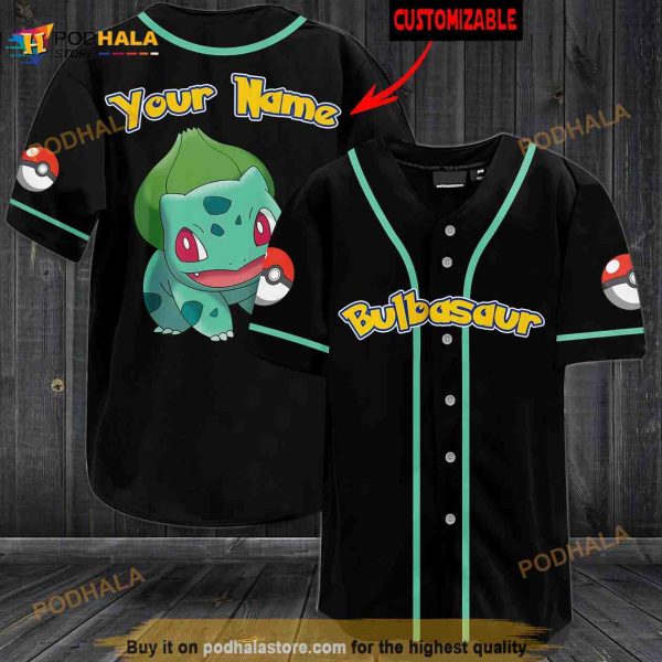 Personalized Name Bulbasaur Pokemon 3D Baseball Jersey