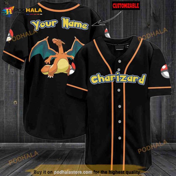 Personalized Name Charizard Pokemon 3D Baseball Jersey